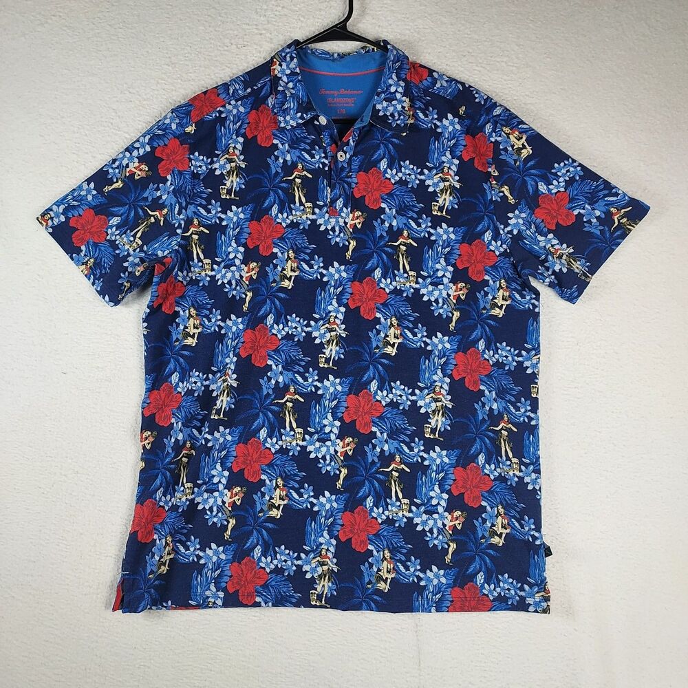 Tommy Bahama IslandZone L Men’s Blue Hibiscus Palm Floral Hula Girl Golf Polo